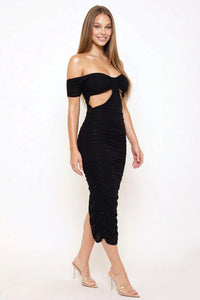 Rhinestone Off The Shoulder Power Mesh Pleated Maxi Dress