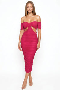 Rhinestone Off The Shoulder Power Mesh Pleated Maxi Dress