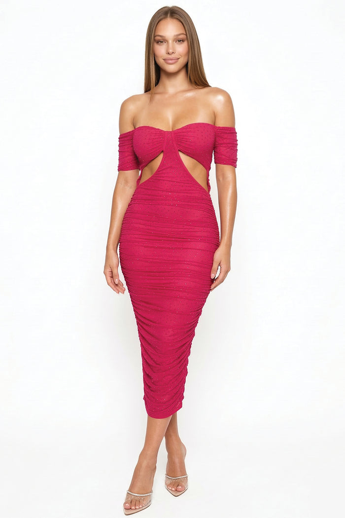 Rhinestone Off The Shoulder Power Mesh Pleated Maxi Dress
