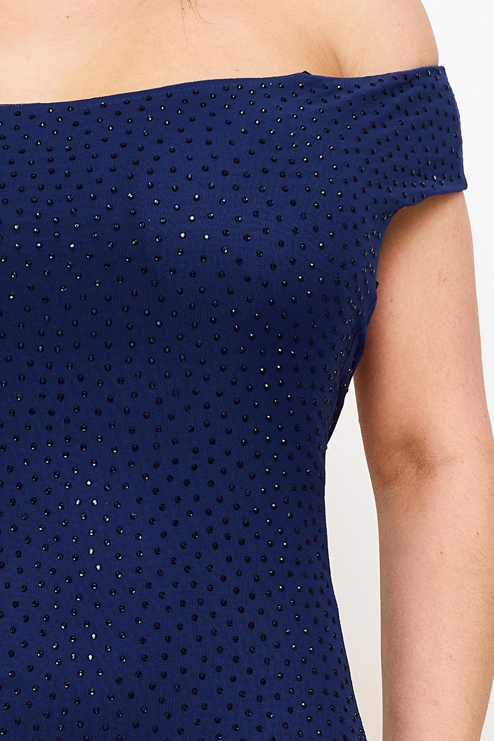 Rhinestone Power Mesh Off The Shoulder Mini Dress