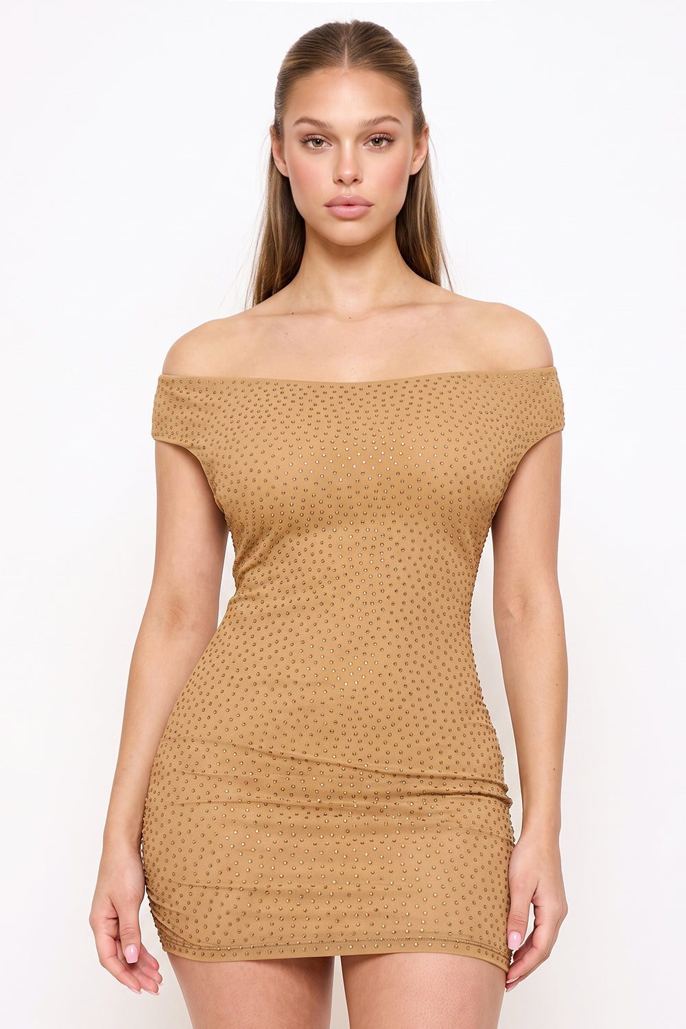 Rhinestone Power Mesh Off The Shoulder Mini Dress