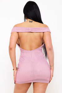 Rhinestone Power Mesh Off The Shoulder Mini Dress