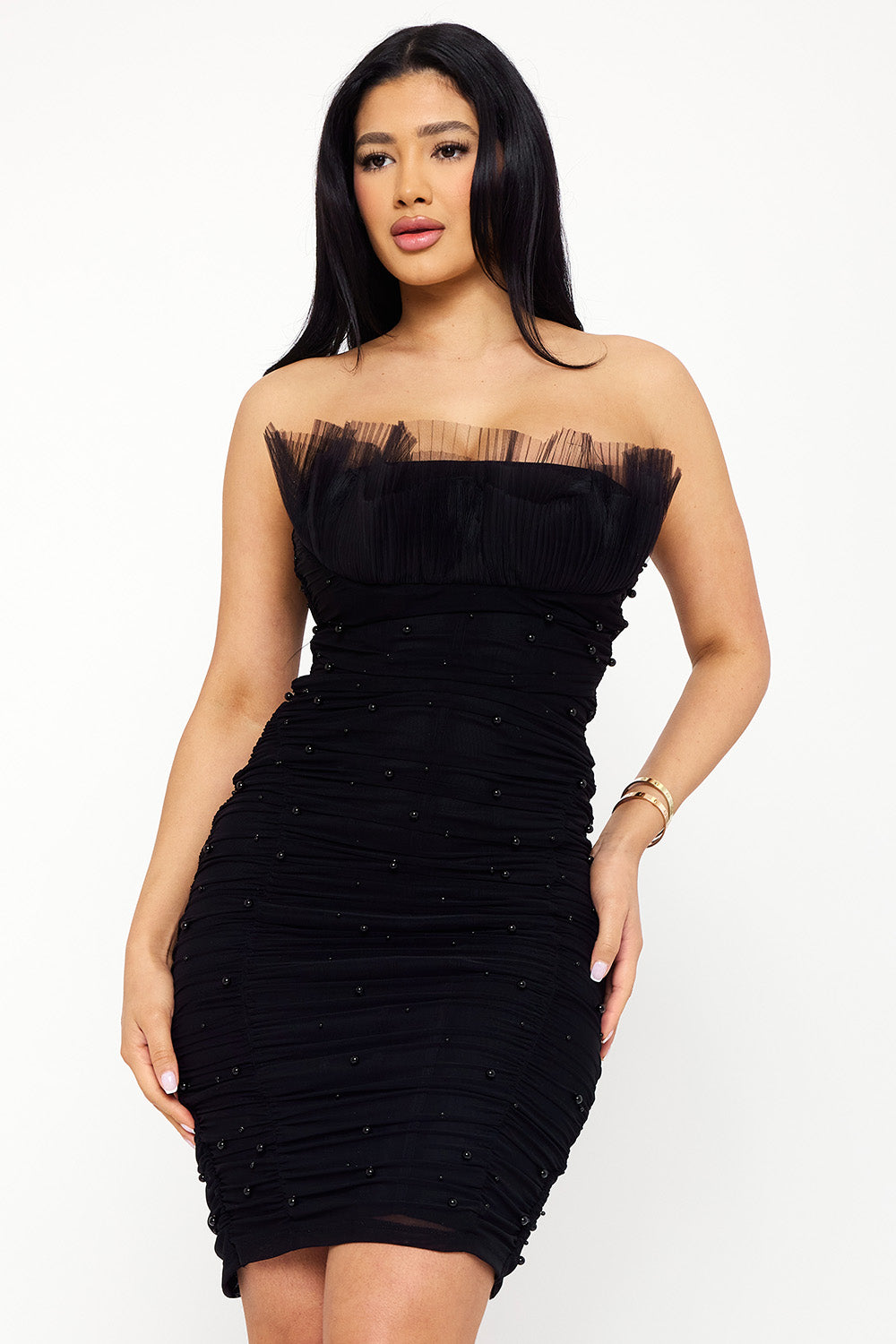 Pearl Bead On Power Mesh Midi Dress