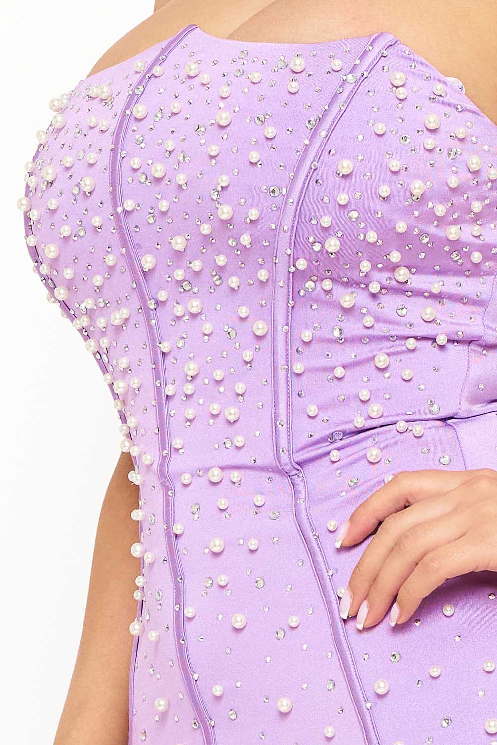 Pearl Bead Attached Power Satin Mini Dress