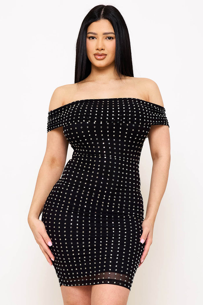 Square Rhinestone On Power Mesh Off The Shoulder Midi Dress
