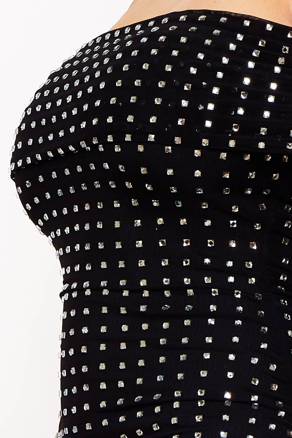 Symphony Dress - Square Rhinestone On Power Mesh Off The Shoulder Midi Dress | Zezebe