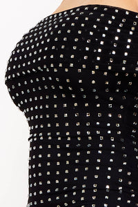 Symphony Dress - Square Rhinestone On Power Mesh Off The Shoulder Midi Dress | Zezebe