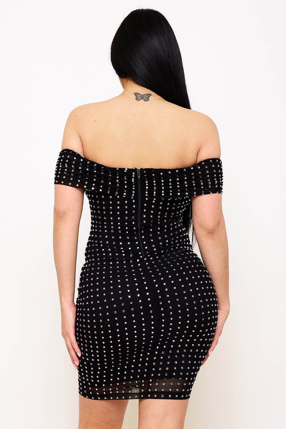 Symphony Dress - Square Rhinestone On Power Mesh Off The Shoulder Midi Dress | Zezebe
