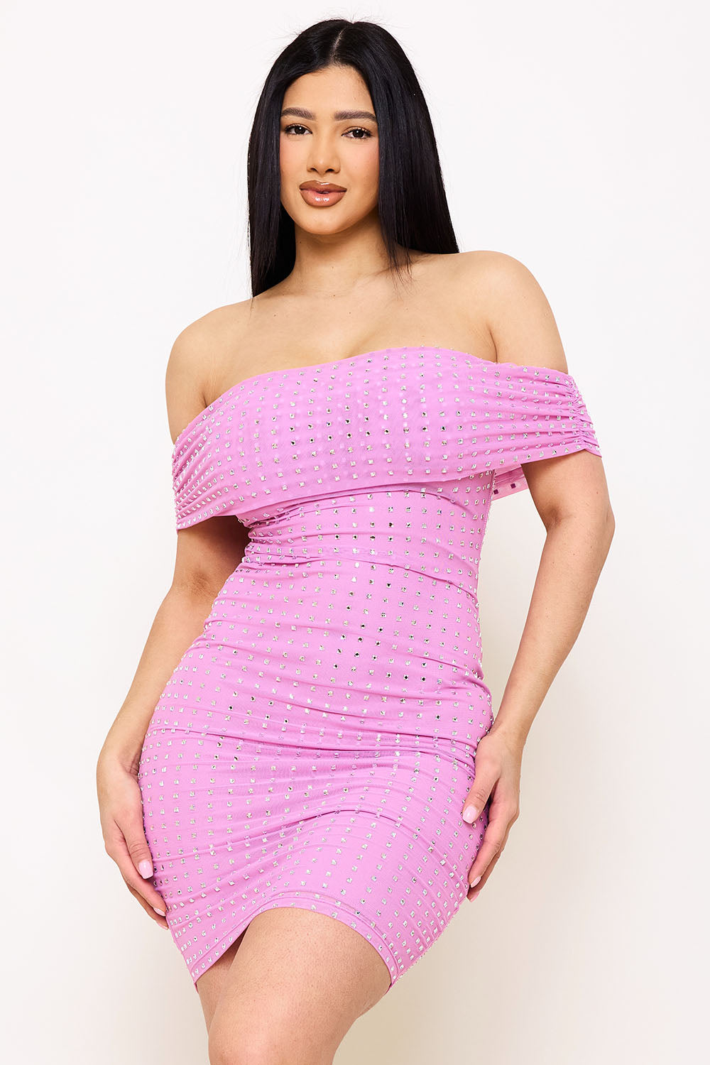 Symphony Dress - Square Rhinestone On Power Mesh Off The Shoulder Midi Dress | Zezebe