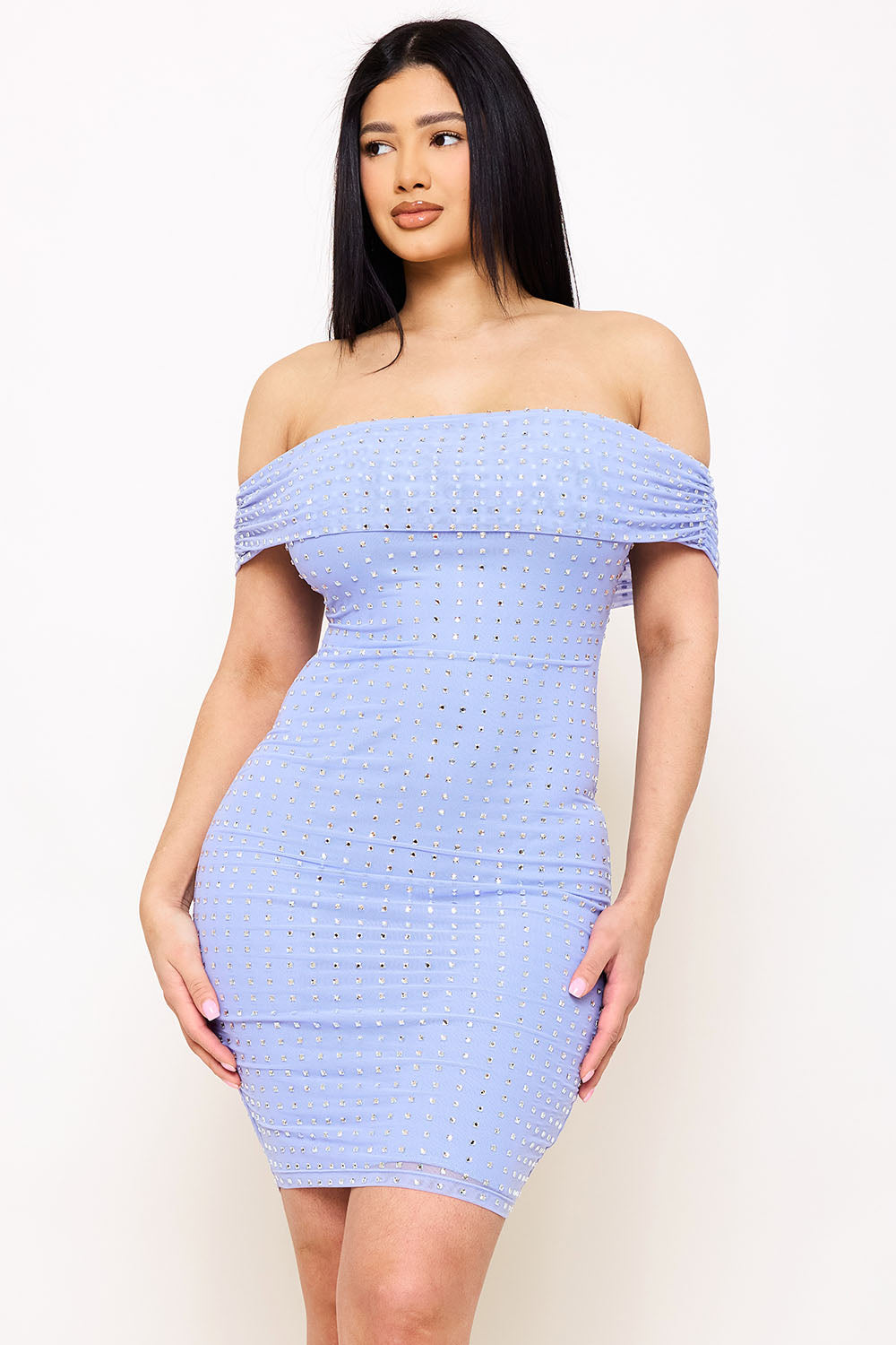Symphony Dress - Square Rhinestone On Power Mesh Off The Shoulder Midi Dress | Zezebe