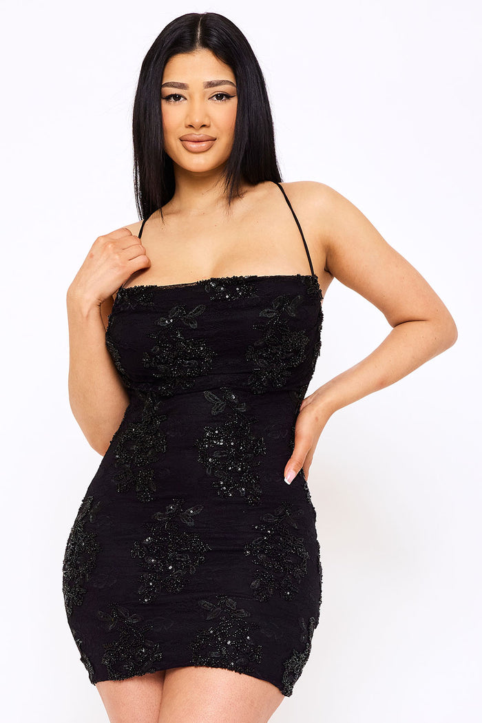 Symphony Dress - Floral Lace With Bead Detail Mini Dress | Zezebe