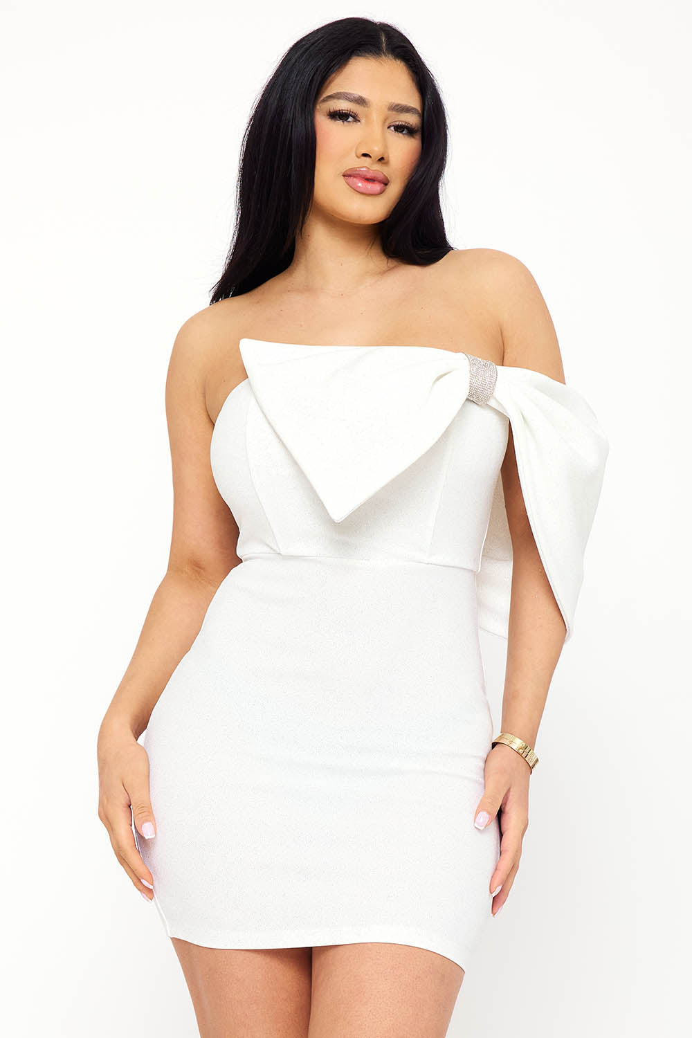 Symphony Dress - Glitter With Large Bow On One Shoulder Mini Dress | Zezebe