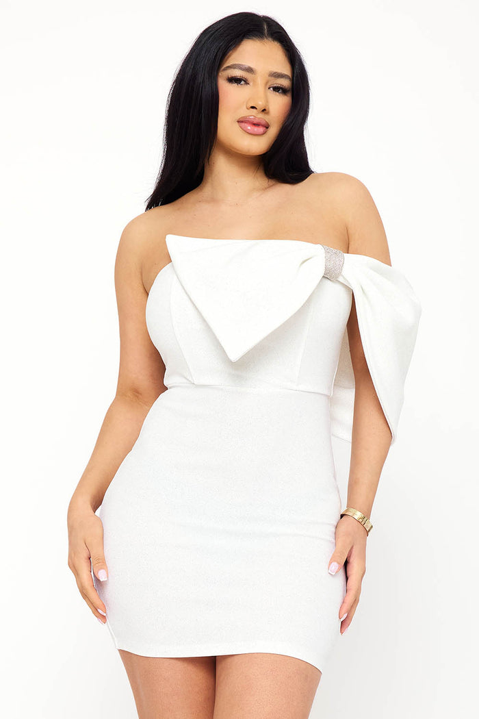 Symphony Dress - Glitter With Large Bow On One Shoulder Mini Dress | Zezebe