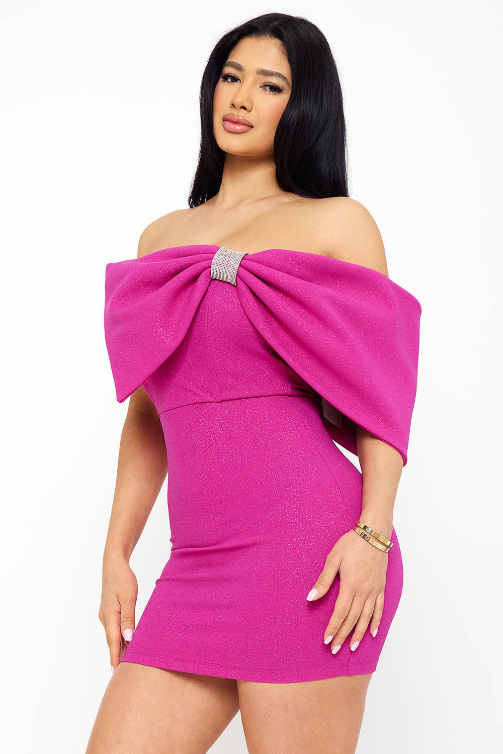 Symphony Dress - Glitter With Large Bow On One Shoulder Mini Dress | Zezebe