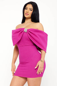 Symphony Dress - Glitter With Large Bow On One Shoulder Mini Dress | Zezebe