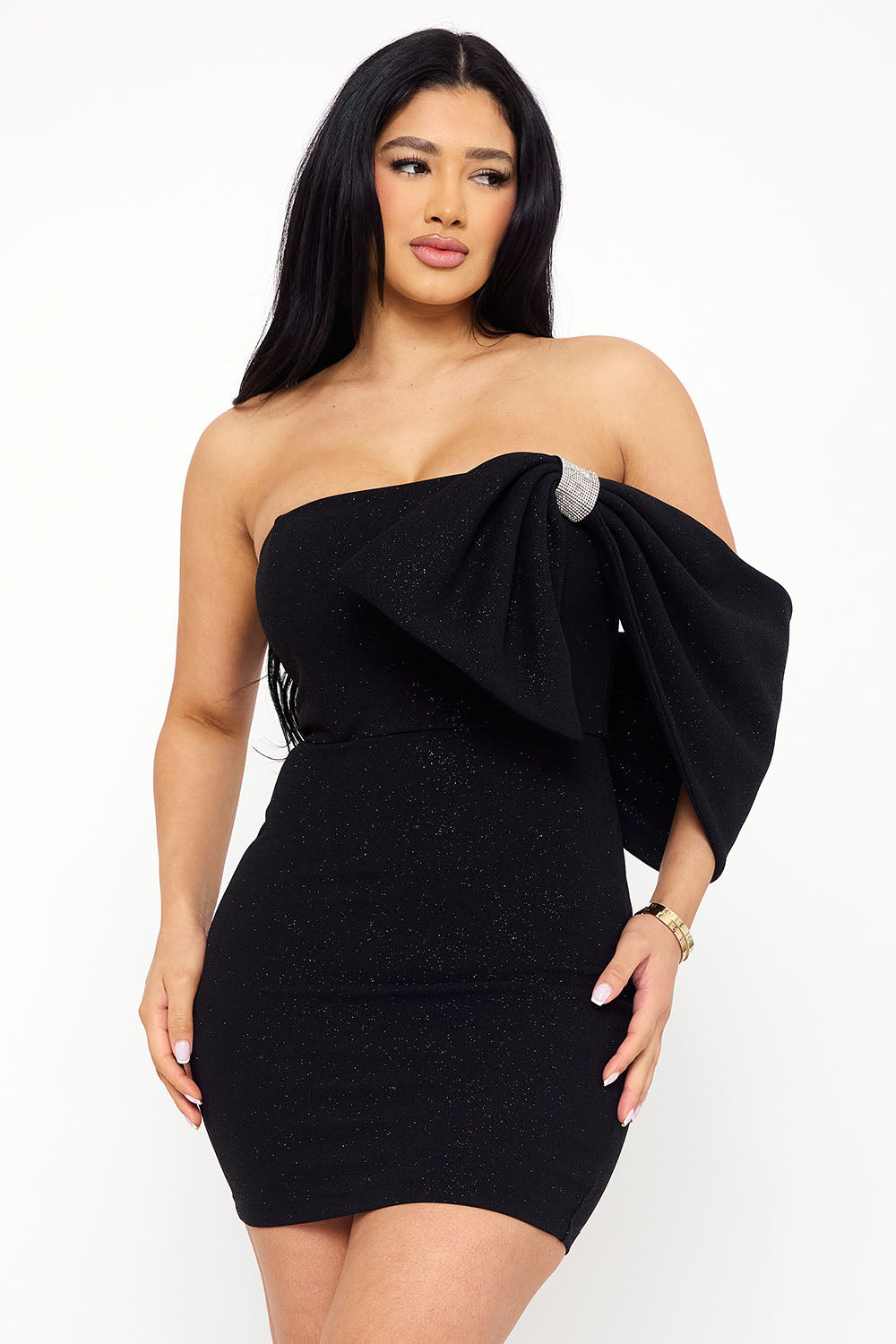 Symphony Dress - Glitter With Large Bow On One Shoulder Mini Dress | Zezebe