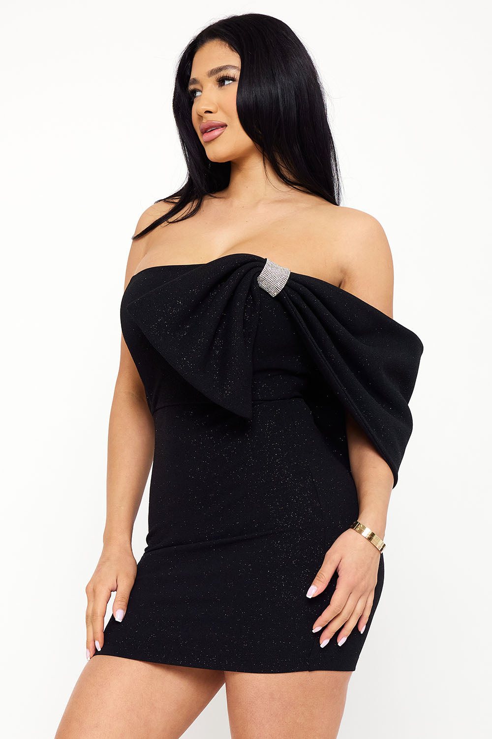 Symphony Dress - Glitter With Large Bow On One Shoulder Mini Dress | Zezebe