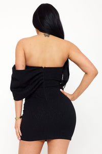 Symphony Dress - Glitter With Large Bow On One Shoulder Mini Dress | Zezebe