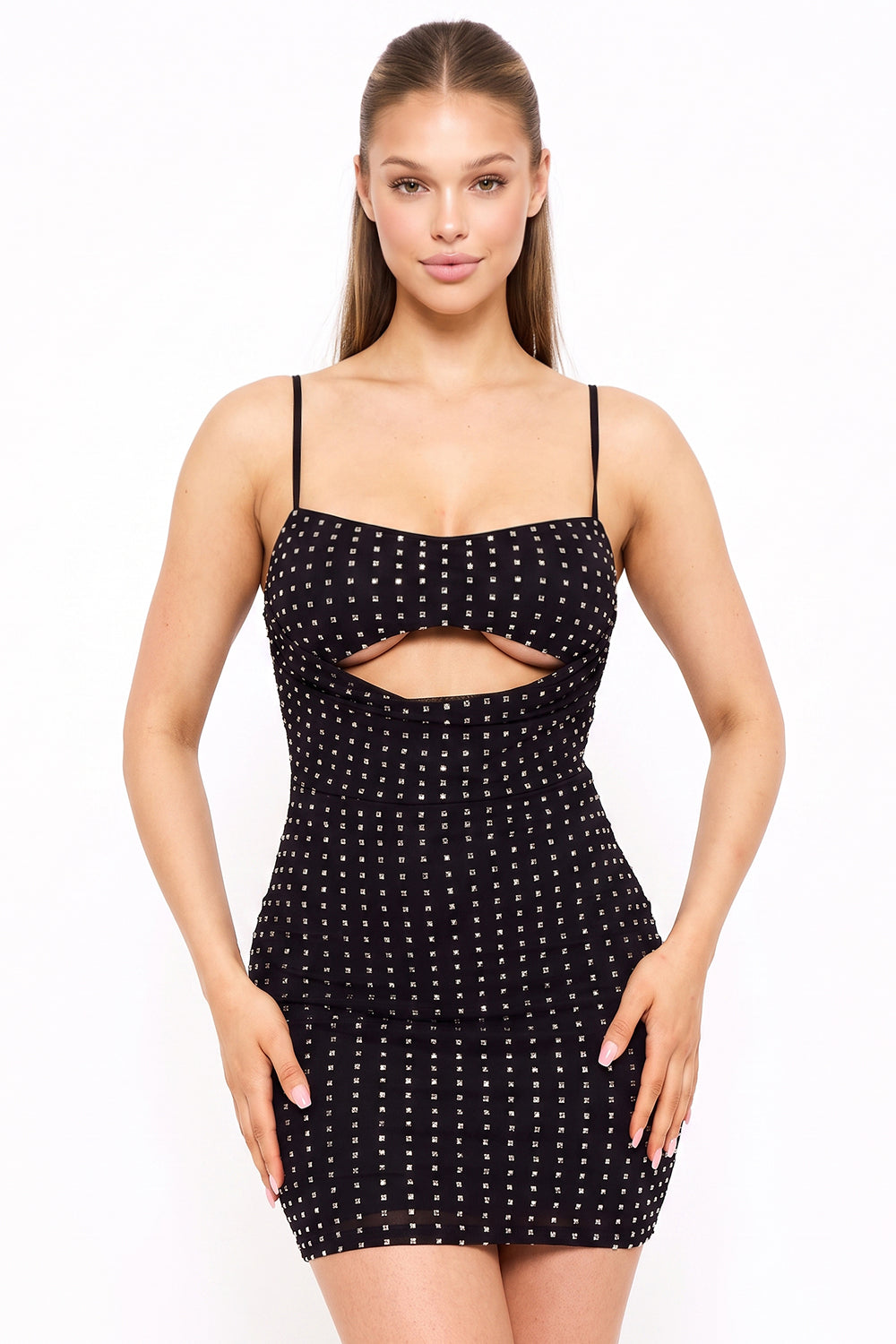 Rhinestone On Power Mesh Draped Front Mini Dress