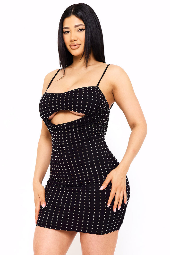 Symphony Dress - Rhinestone On Power Mesh Draped Front Mini Dress | Zezebe