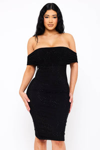 Symphony Dress - Rhinestone On Power Mesh Off The Shoudler Midi Dress | Zezebe