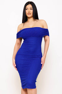 Symphony Dress - Rhinestone On Power Mesh Off The Shoudler Midi Dress | Zezebe