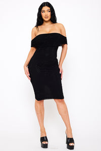Symphony Dress - Rhinestone On Power Mesh Off The Shoudler Midi Dress | Zezebe