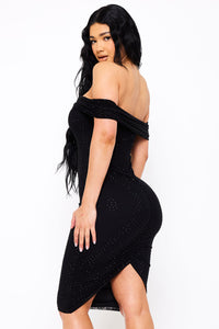 Symphony Dress - Rhinestone On Power Mesh Off The Shoudler Midi Dress | Zezebe
