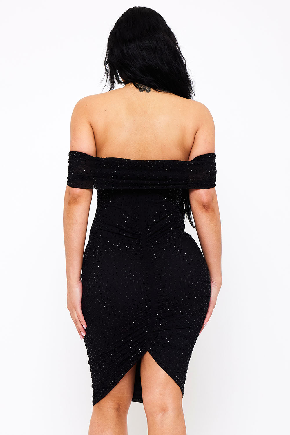 Symphony Dress - Rhinestone On Power Mesh Off The Shoudler Midi Dress | Zezebe