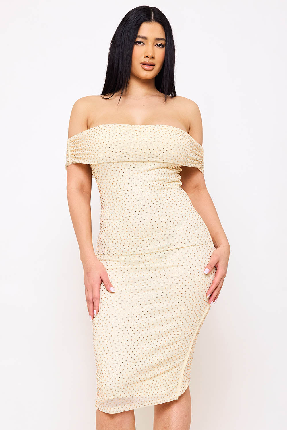Symphony Dress - Rhinestone On Power Mesh Off The Shoudler Midi Dress | Zezebe