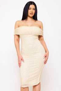 Symphony Dress - Rhinestone On Power Mesh Off The Shoudler Midi Dress | Zezebe