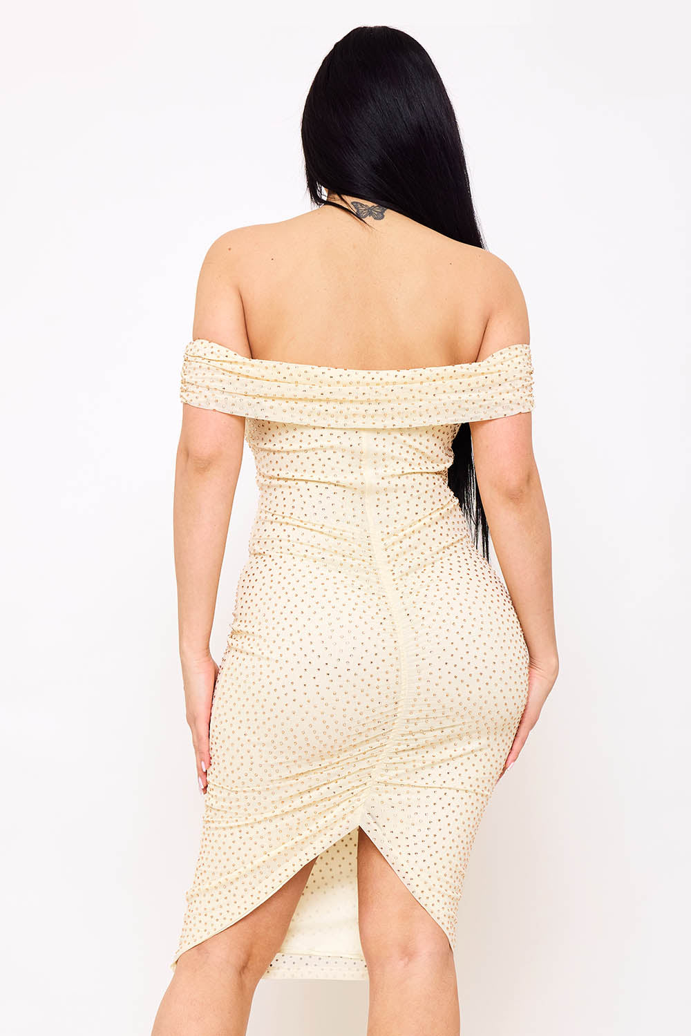 Symphony Dress - Rhinestone On Power Mesh Off The Shoudler Midi Dress | Zezebe