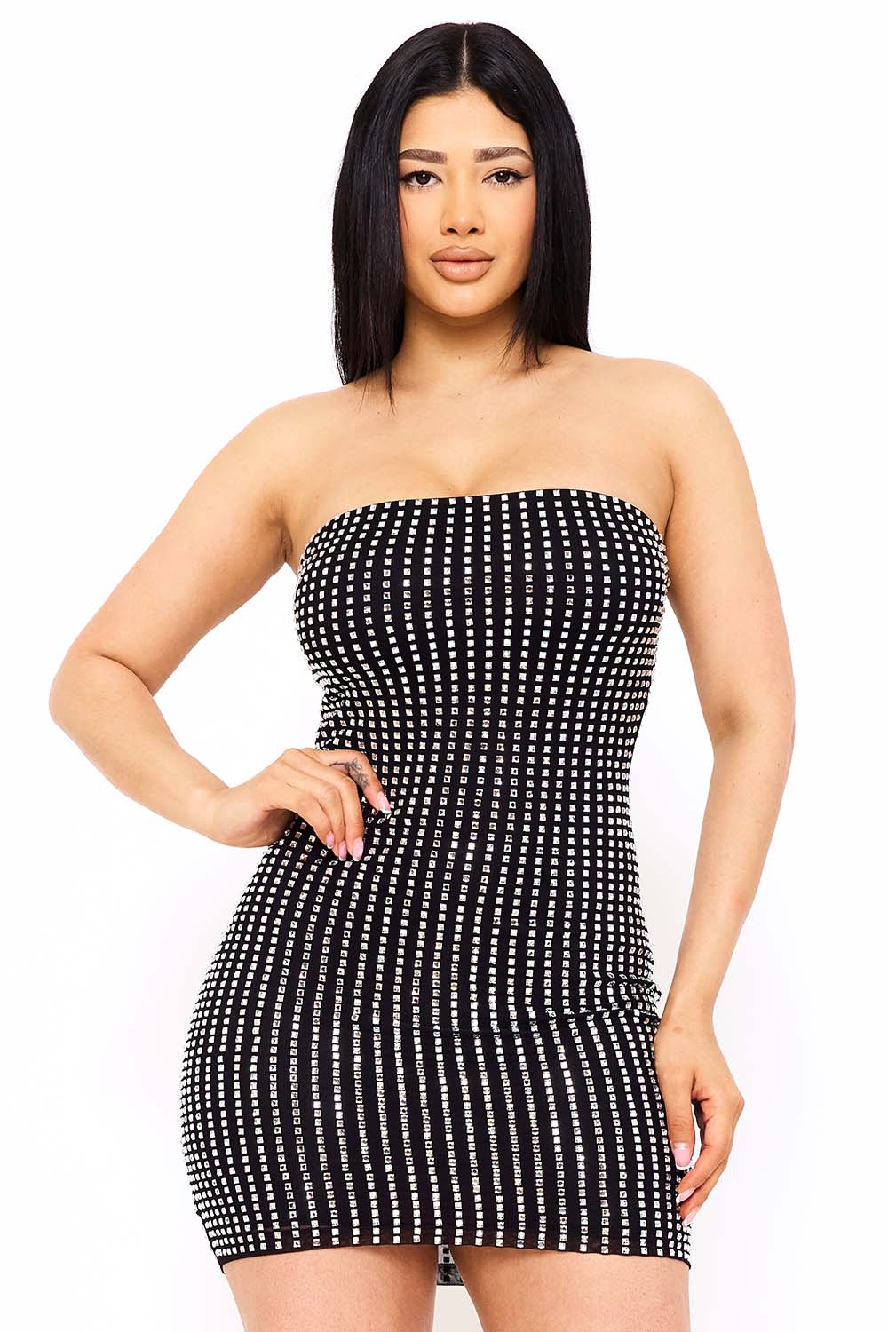 Symphony Dress - Rhinestone On Power Mesh Tube Top Mini Dress | Zezebe