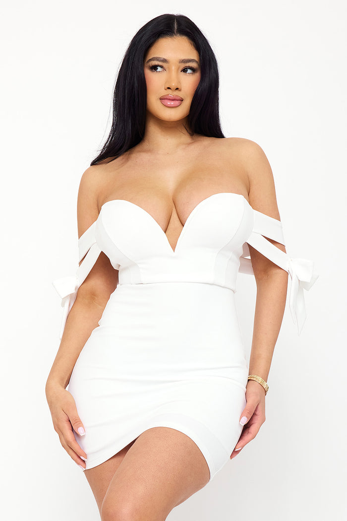 Symphony Dress - Off The Shoulder Bow Shoulder Mini Dress | Zezebe