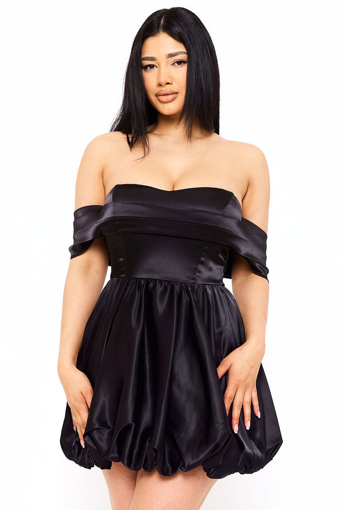 Symphony Dress - Satin Off The Shoulder Mini Dress | Zezebe