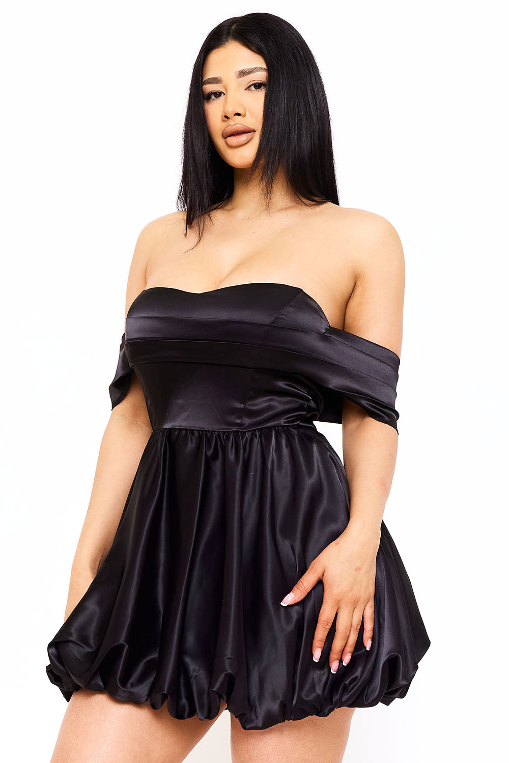 Symphony Dress - Satin Off The Shoulder Mini Dress | Zezebe