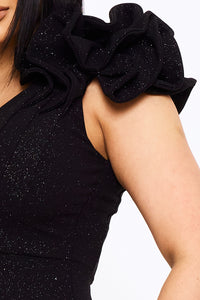 Symphony Dress - Glitter Ruffle Shoulders Midi Dress | Zezebe