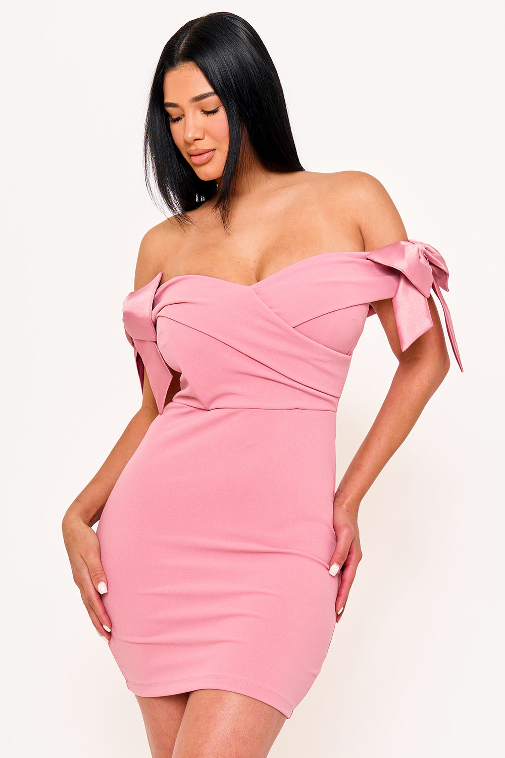 Symphony Dress - Satin Bow On Sleeve Off The Shoulder Mini Dress | Zezebe