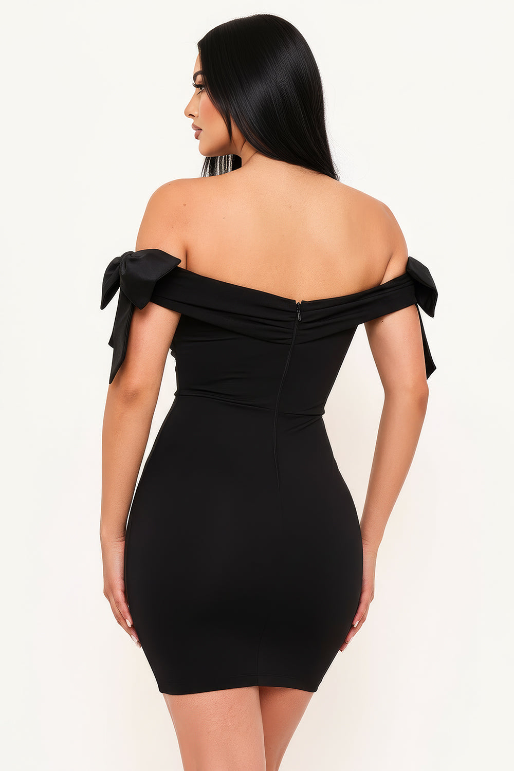 Symphony Dress - Satin Bow On Sleeve Off The Shoulder Mini Dress | Zezebe