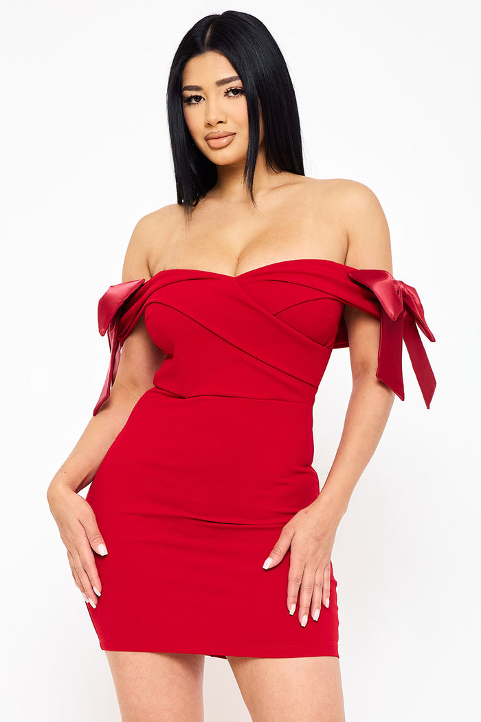 Symphony Dress - Satin Bow On Sleeve Off The Shoulder Mini Dress | Zezebe