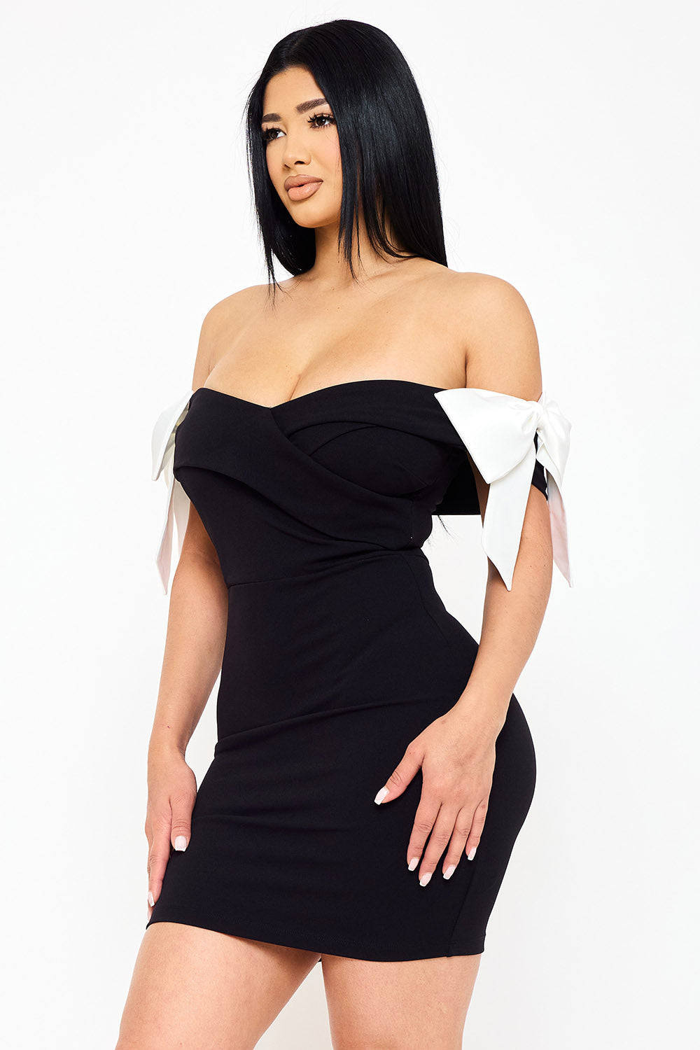 Symphony Dress - Satin Bow On Sleeve Off The Shoulder Mini Dress | Zezebe