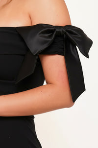 Symphony Dress - Satin Bow On Sleeve Off The Shoulder Mini Dress | Zezebe