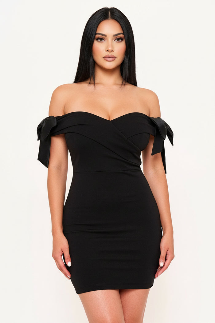 Symphony Dress - Satin Bow On Sleeve Off The Shoulder Mini Dress | Zezebe