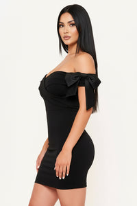 Symphony Dress - Satin Bow On Sleeve Off The Shoulder Mini Dress | Zezebe