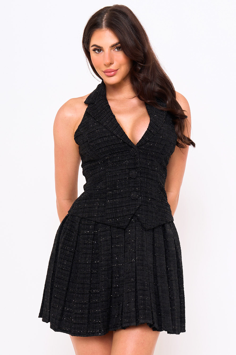 Symphony Dress - Tweed Halter Top With Collar Mini Dress | Zezebe