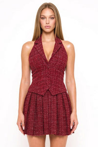 Tweed Halter Top With Collar Mini Dress