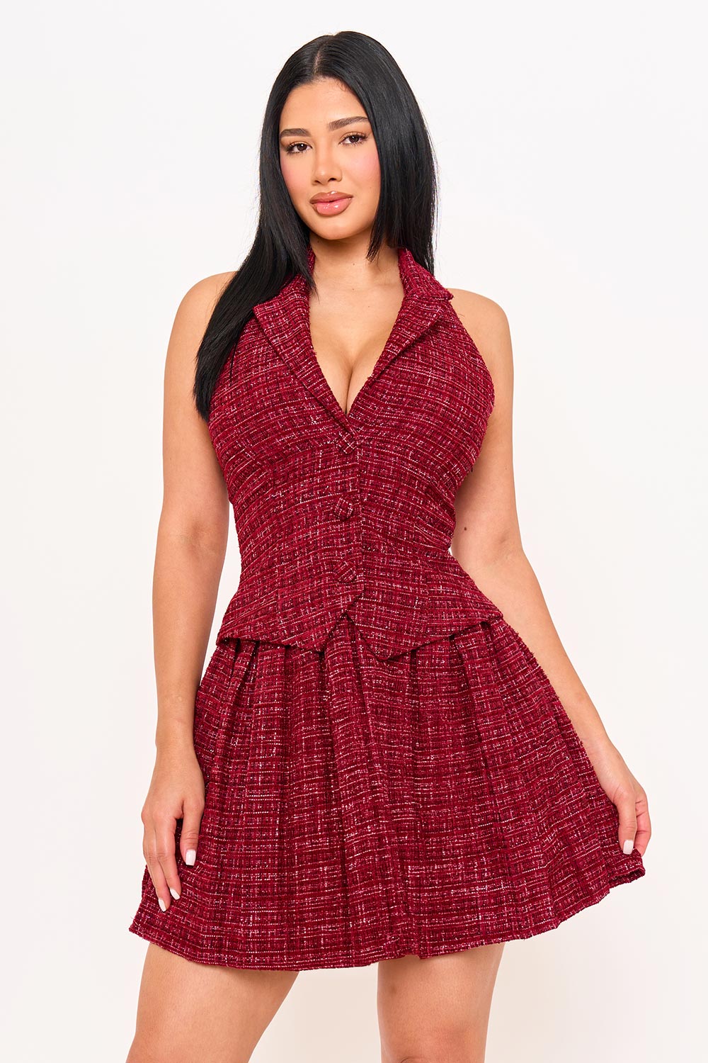 Symphony Dress - Tweed Halter Top With Collar Mini Dress | Zezebe