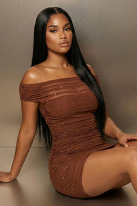 Rhinestone On Power Mesh Off The Shoulder Mini Dress
