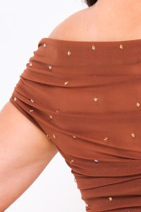 Rhinestone On Power Mesh Off The Shoulder Mini Dress