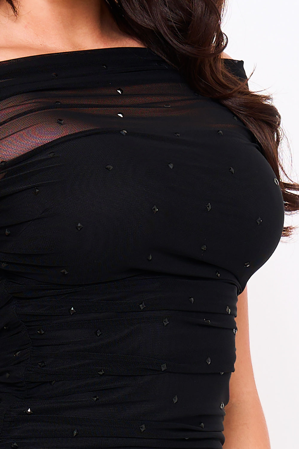 Rhinestone On Power Mesh Off The Shoulder Mini Dress